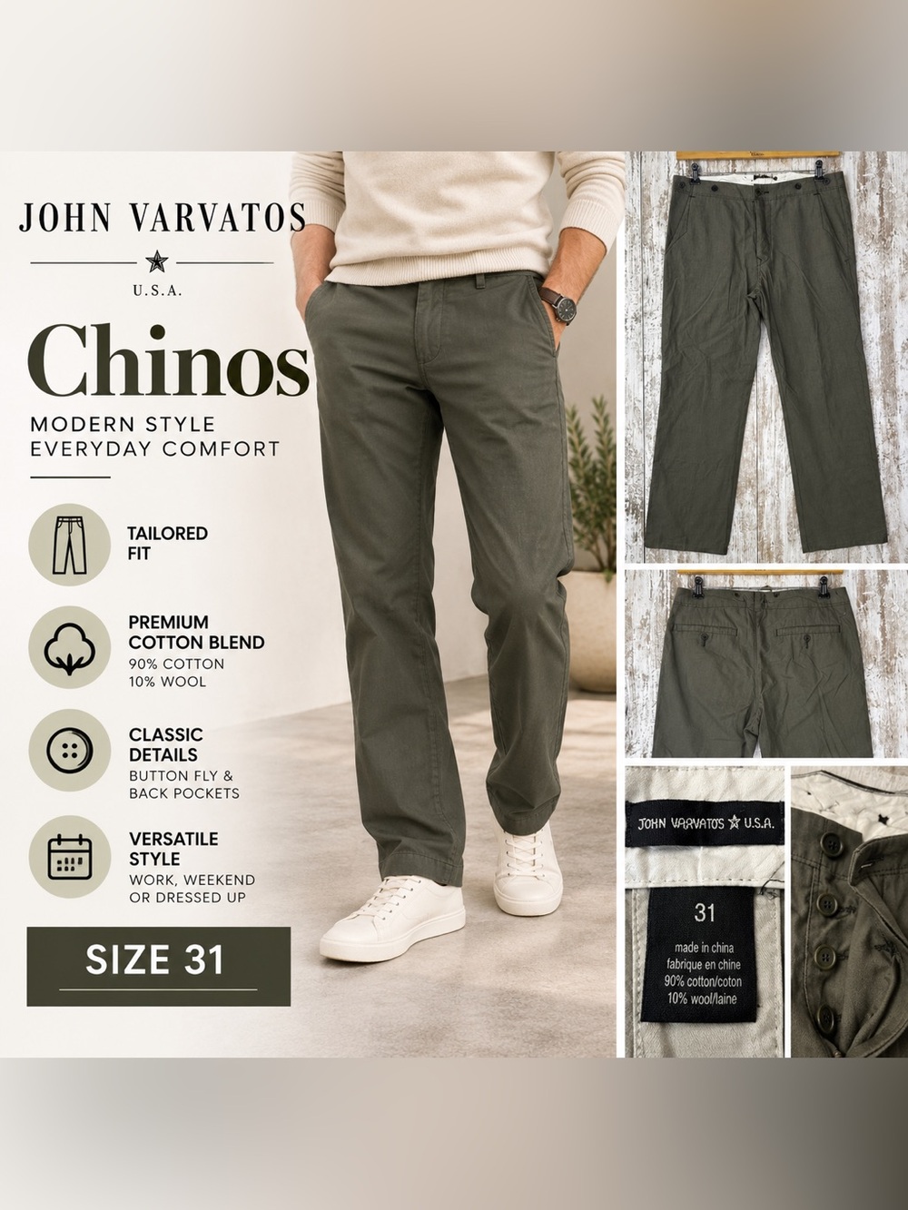 John Varvatos U.S.A. Olive Green Chinos Men’s Size 31 Cotton Wool Blend